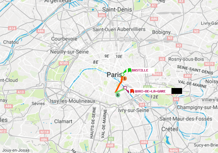 plan itinéraire ratp de Bastille à Quai de la Gare