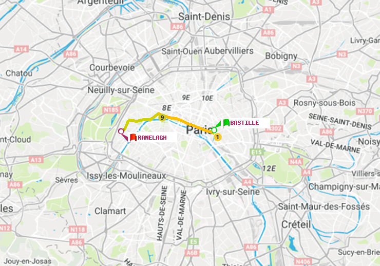 plan itinéraire ratp de Bastille à Ranelagh