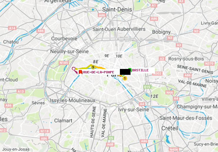 plan itinéraire ratp de Bastille à Rue de la Pompe (Avenue Georges Mandel)