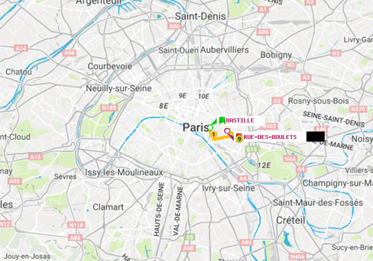 plan itinéraire ratp de Bastille à Rue des Boulets