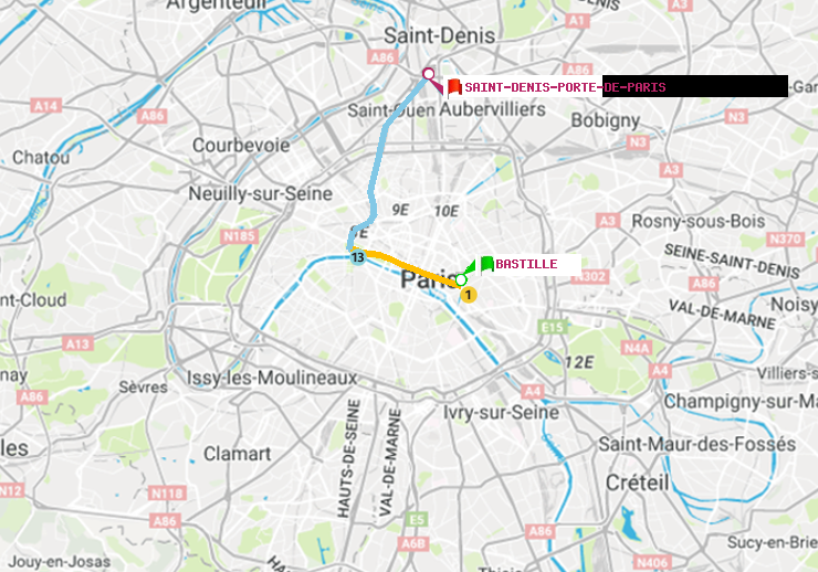 plan itinéraire ratp de Bastille à Saint-Denis-Porte de Paris