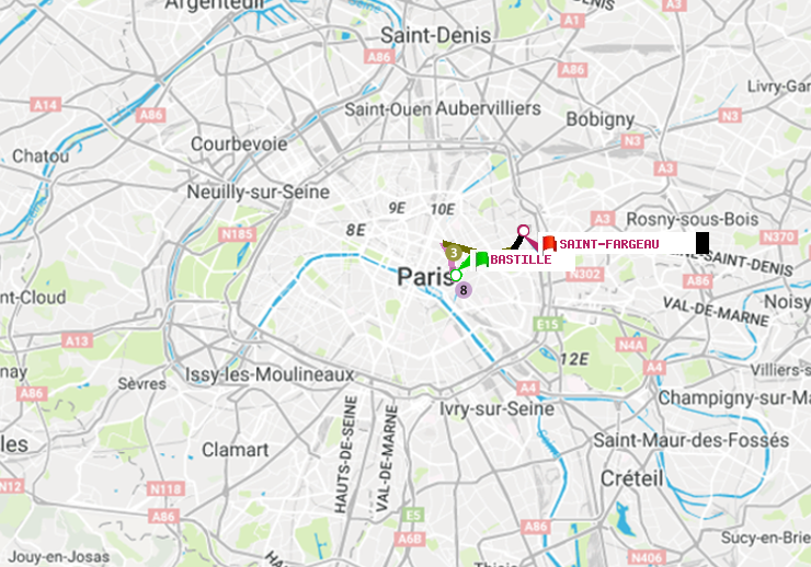 plan itinéraire ratp de Bastille à Saint-Fargeau