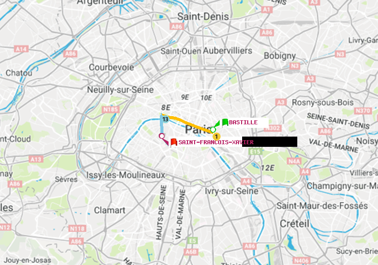 plan itinéraire ratp de Bastille à Saint-Francois-Xavier