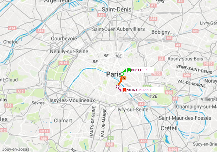 plan itinéraire ratp de Bastille à Saint-Marcel