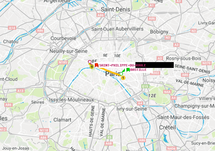 plan itinéraire ratp de Bastille à Saint-Philippe du Roule