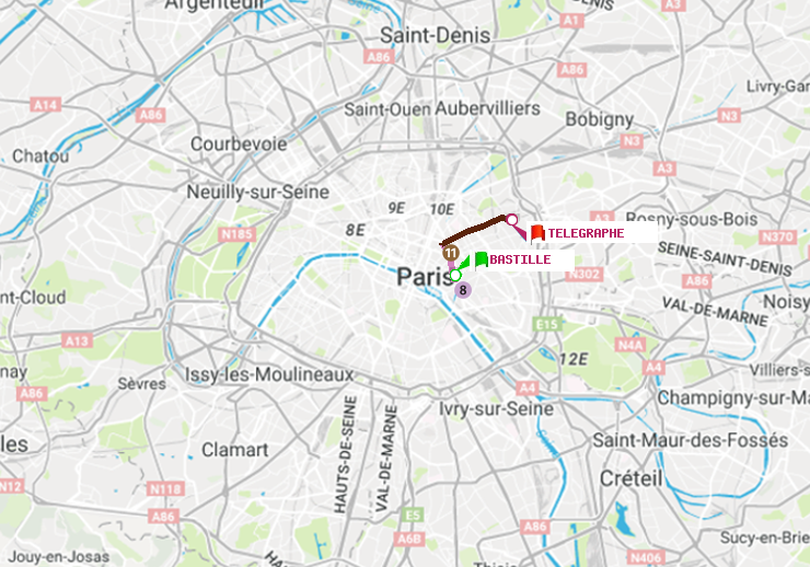 plan itinéraire ratp de Bastille à Telegraphe