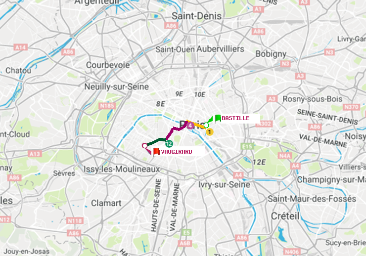 plan itinéraire ratp de Bastille à Vaugirard (Adolphe Chérioux)