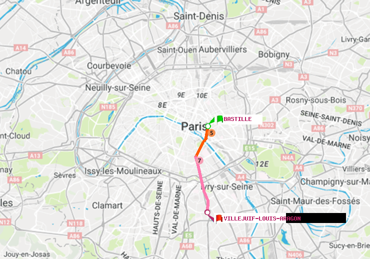 plan itinéraire ratp de Bastille à Villejuif-Louis Aragon