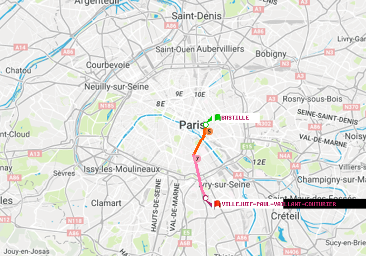 plan itinéraire ratp de Bastille à Villejuif-Paul Vaillant Couturier (Hôpital Paul Brousse)