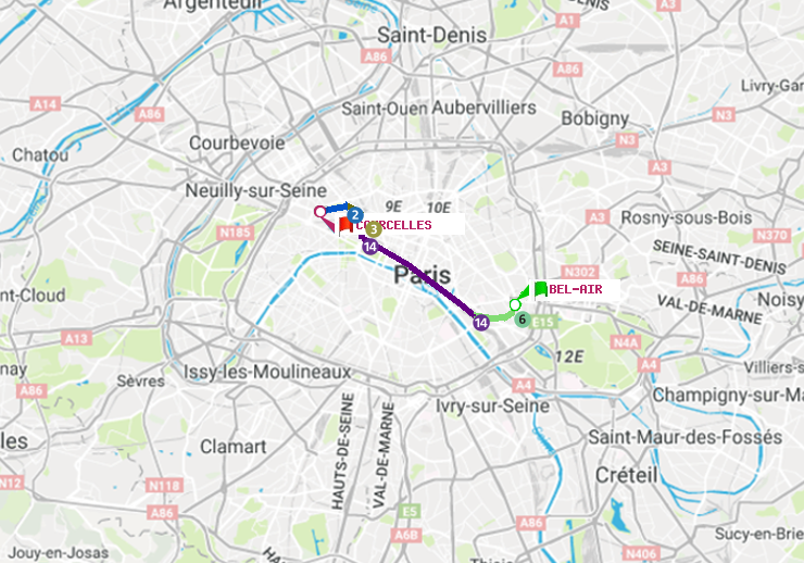 plan itinéraire ratp de Bel-Air à Courcelles