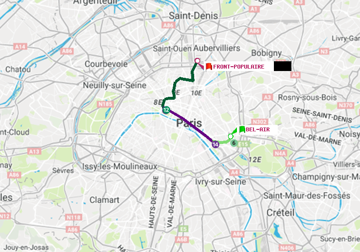 plan itinéraire ratp de Bel-Air à Front Populaire