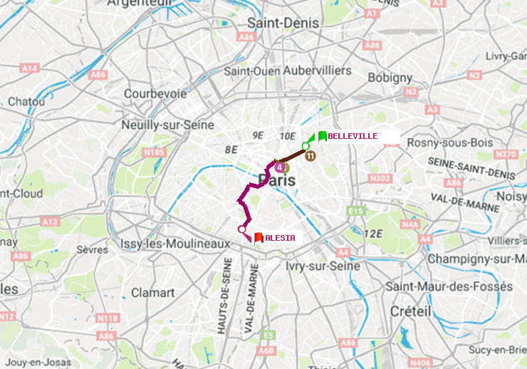 plan itinéraire ratp de Belleville à Alésia