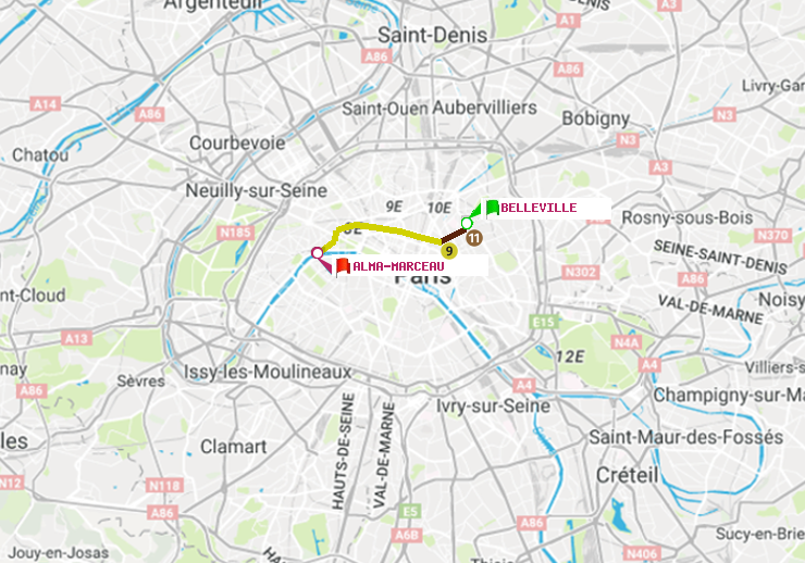 plan itinéraire ratp de Belleville à Alma-Marceau