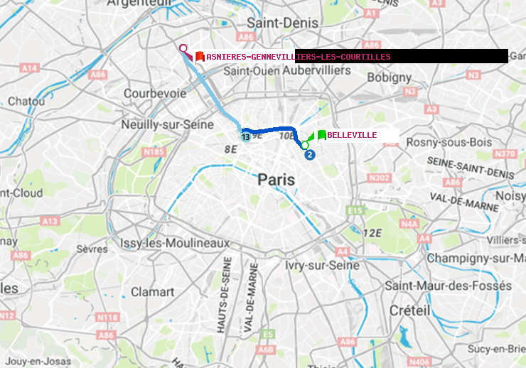 plan itinéraire ratp de Belleville à Asnieres-Gennevilliers Les Courtilles