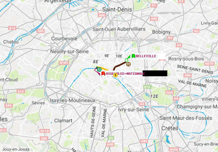 plan itinéraire ratp de Belleville à Assemblée Nationale