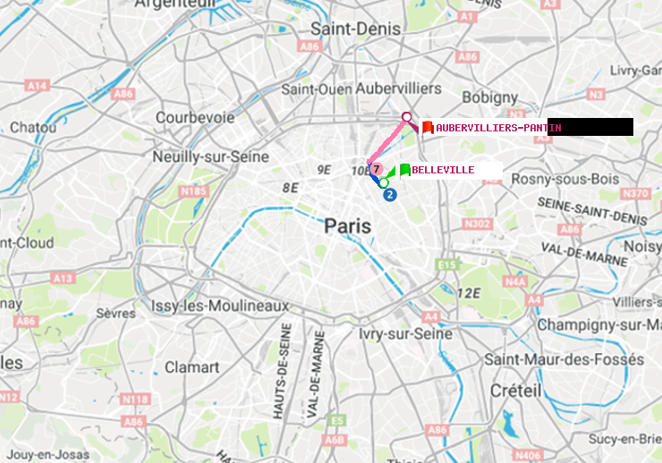 plan itinéraire ratp de Belleville à Aubervilliers Pantin (4 Chemins)