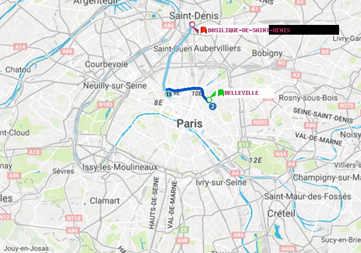 plan itinéraire ratp de Belleville à Basilique de Saint-Denis