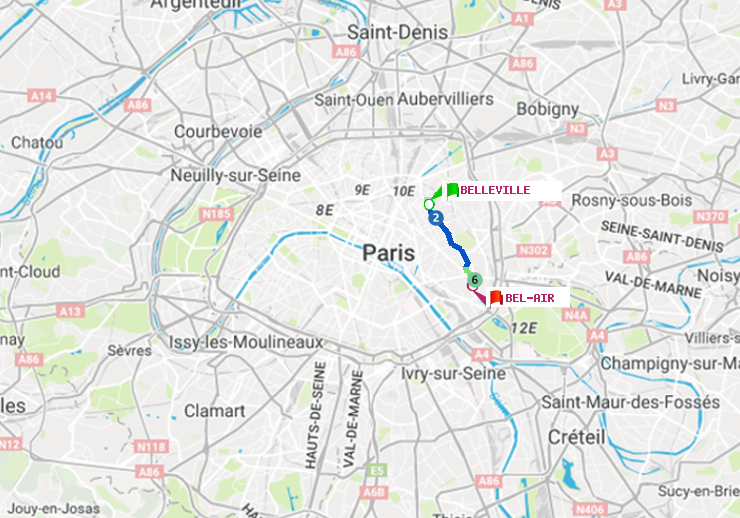plan itinéraire ratp de Belleville à Bel-Air