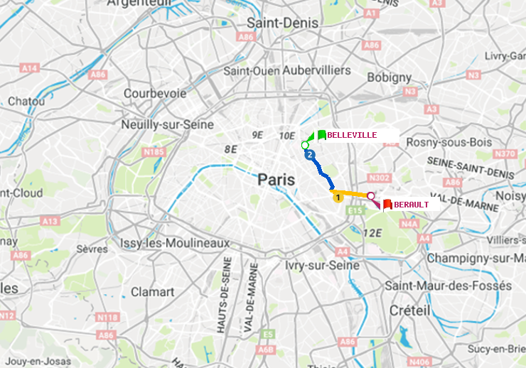 plan itinéraire ratp de Belleville à Bérault