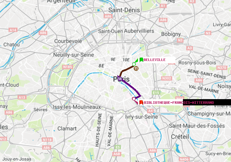 plan itinéraire ratp de Belleville à Bibliotheque-Francois Mitterrand