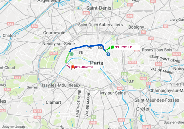 plan itinéraire ratp de Belleville à Bir-Hakeim (Grenelle)
