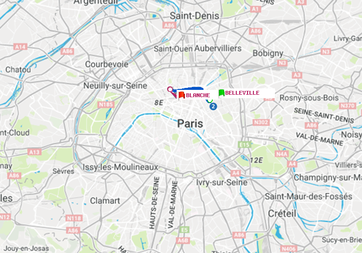 plan itinéraire ratp de Belleville à Blanche