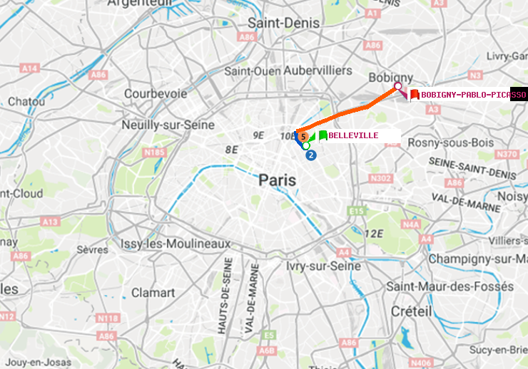 plan itinéraire ratp de Belleville à Bobigny-Pablo-Picasso