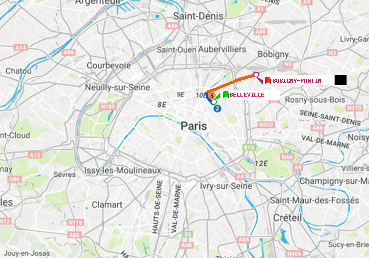 plan itinéraire ratp de Belleville à Bobigny-Pantin (Raymond Queneau)