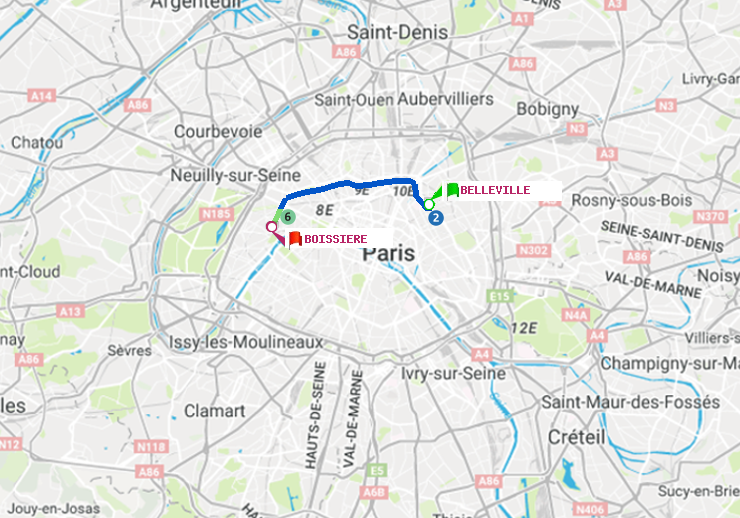 plan itinéraire ratp de Belleville à Boissière