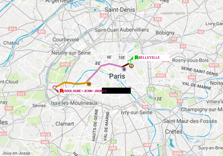 plan itinéraire ratp de Belleville à Boulogne-Jean-Jaurès