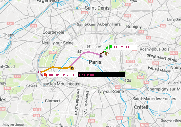 plan itinéraire ratp de Belleville à Boulogne Pont de Saint-Cloud