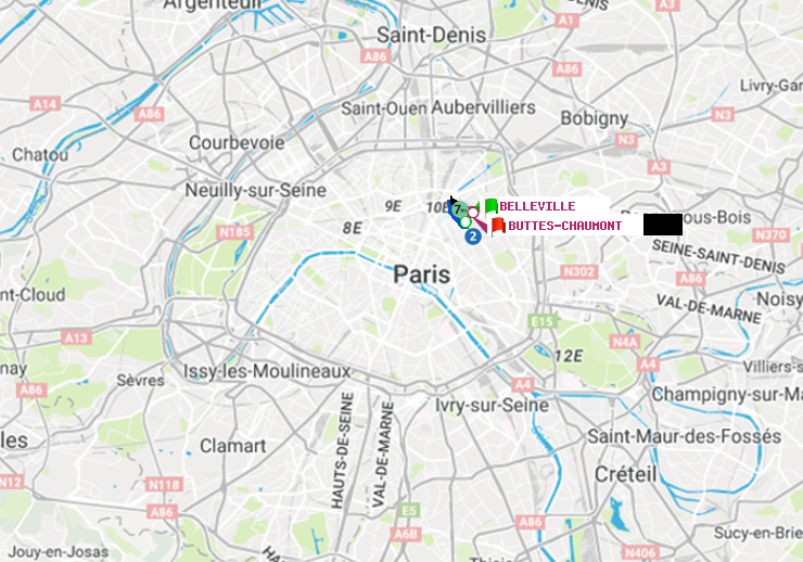 plan itinéraire ratp de Belleville à Buttes-Chaumont