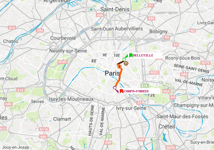 plan itinéraire ratp de Belleville à Campo-Formio