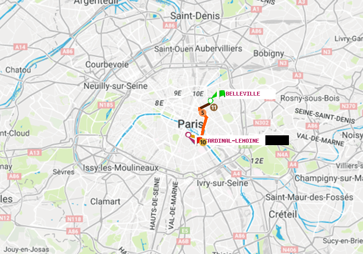 plan itinéraire ratp de Belleville à Cardinal-Lemoine