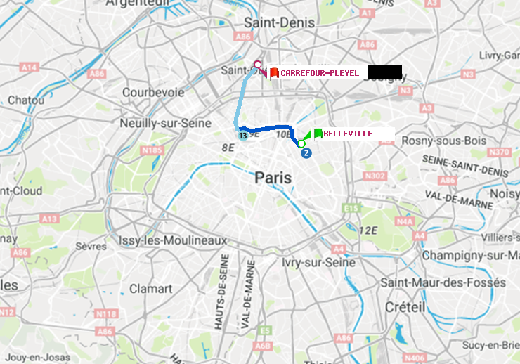 plan itinéraire ratp de Belleville à Carrefour-Pleyel