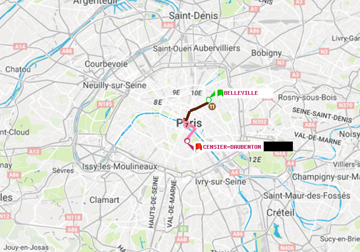 plan itinéraire ratp de Belleville à Censier-Daubenton