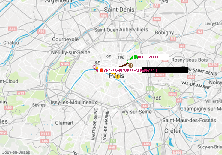 plan itinéraire ratp de Belleville à Champs-Elysées-Clémenceau