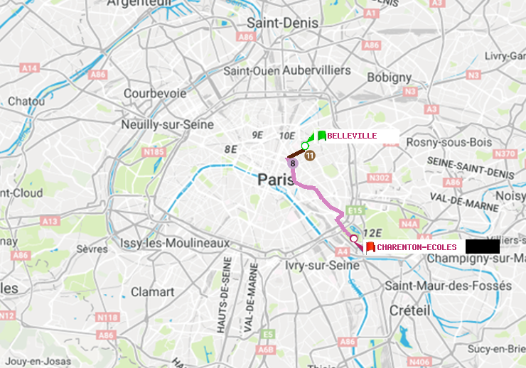 plan itinéraire ratp de Belleville à Charenton-Ecoles