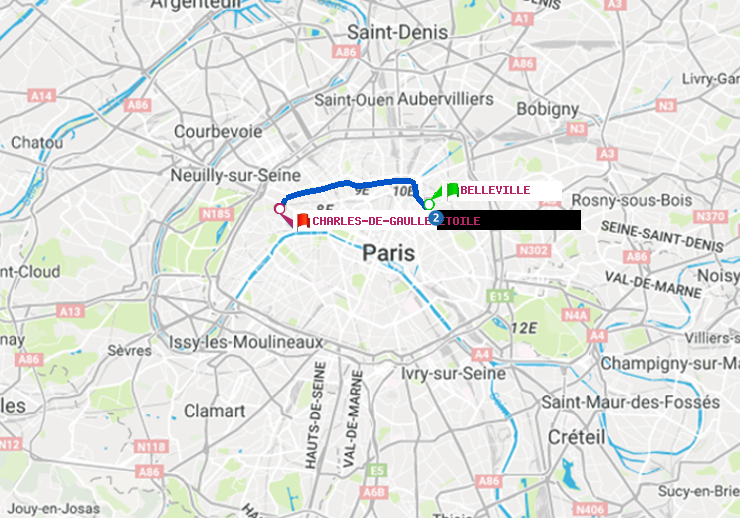 plan itinéraire ratp de Belleville à Charles de Gaulle-Etoile