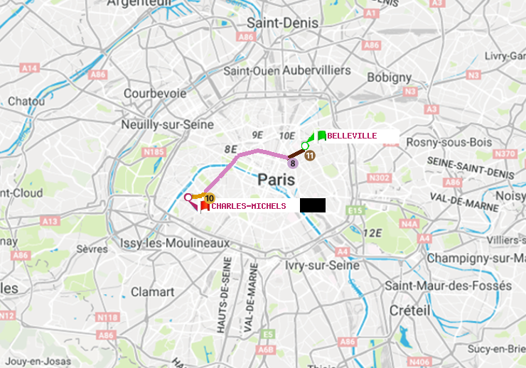 plan itinéraire ratp de Belleville à Charles Michels