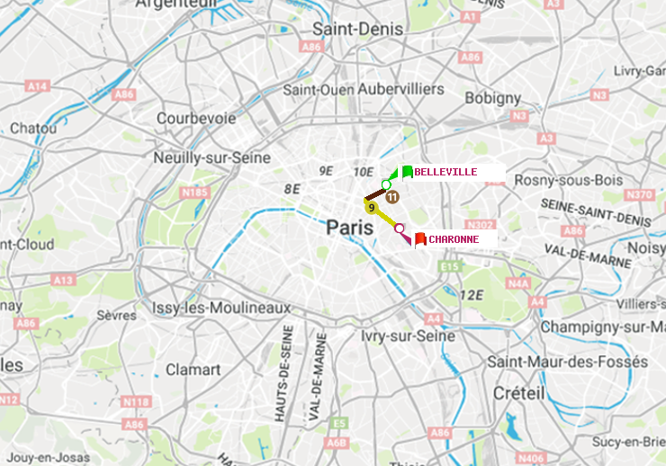 plan itinéraire ratp de Belleville à Charonne