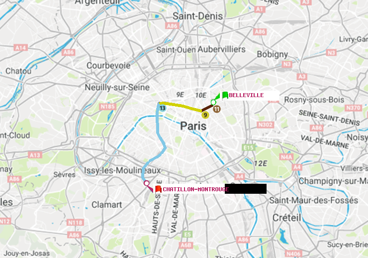 plan itinéraire ratp de Belleville à Châtillon Montrouge
