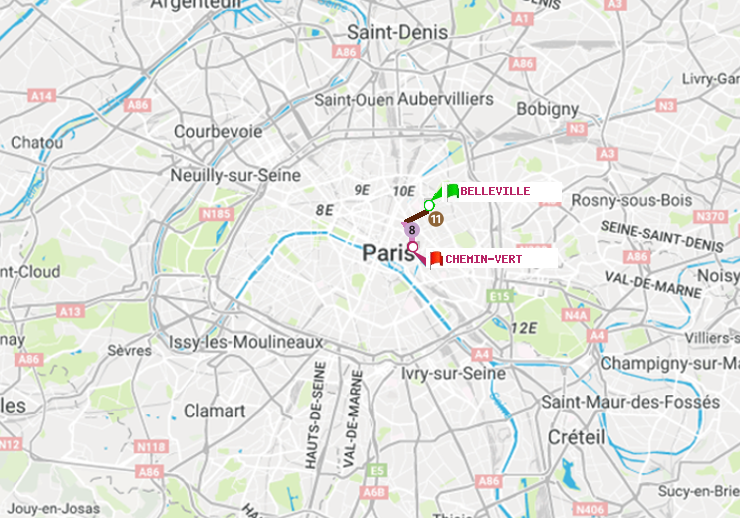 plan itinéraire ratp de Belleville à Chemin Vert
