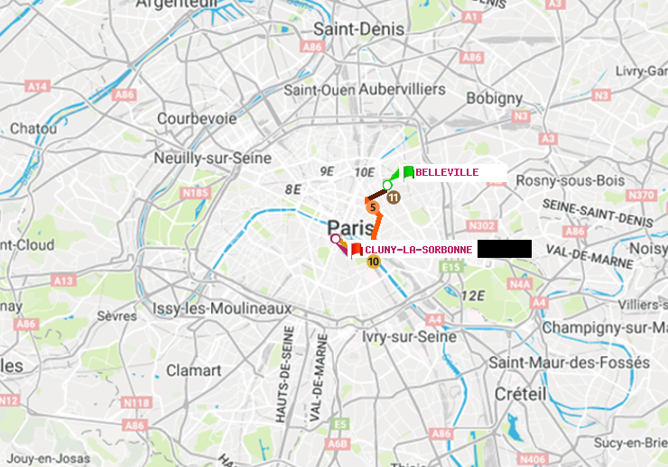 plan itinéraire ratp de Belleville à Cluny-La Sorbonne