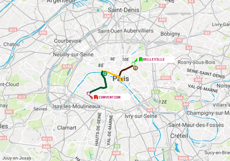 plan itinéraire ratp de Belleville à Convention