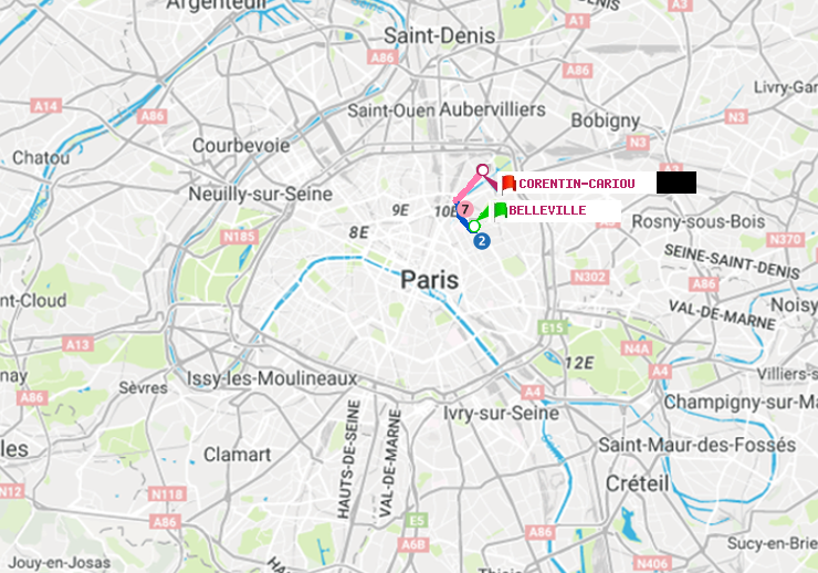 plan itinéraire ratp de Belleville à Corentin-Cariou