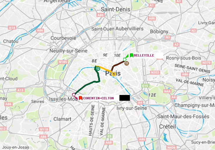 plan itinéraire ratp de Belleville à Corentin-Celton