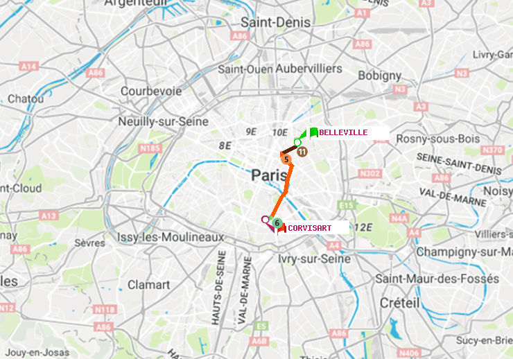 plan itinéraire ratp de Belleville à Corvisart