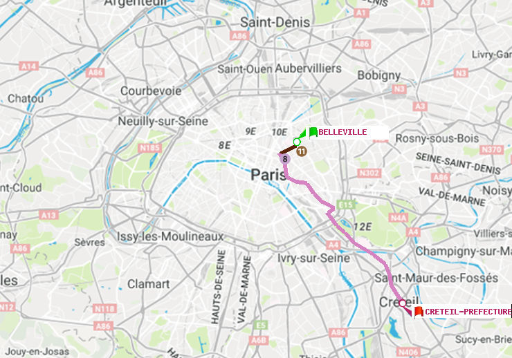 plan itinéraire ratp de Belleville à Créteil-Préfecture (Hôtel de Ville)