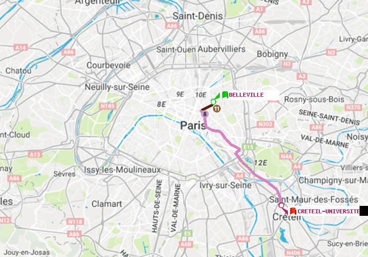 plan itinéraire ratp de Belleville à Créteil-Université